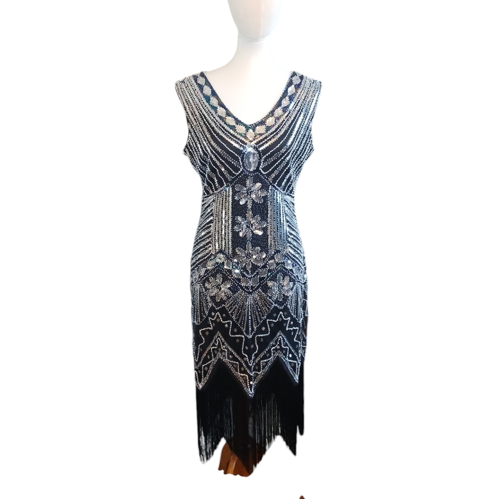 Black Beaded Silver Sequin Dress Flapper Dress Size 10-12 XL